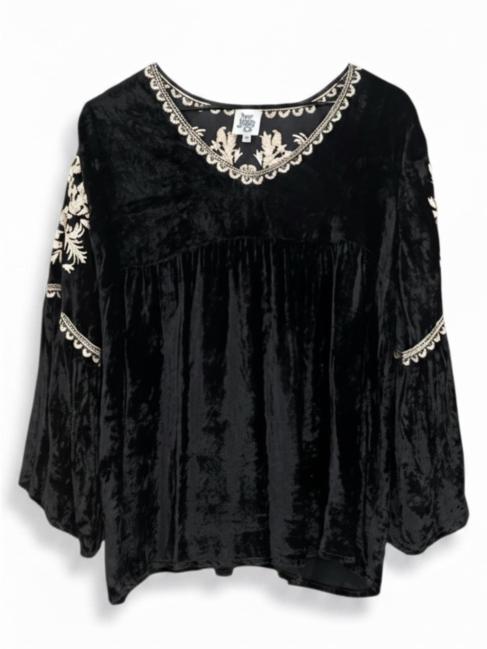Ivy Jane Black Velvet Embroidered Bell Sleeve Boho Top Size Medium